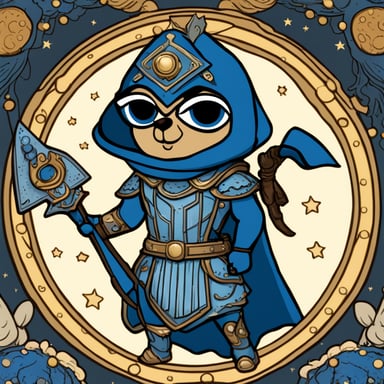 Go Blue Gopher, as the Goddess Athena, dons armor, wields a spear and shield, and stars in a captivating cartoon adventure. The skin of the gopher is blue.