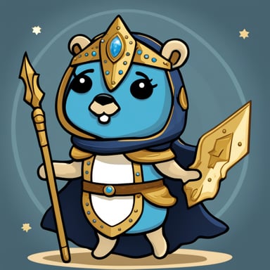 Go Blue Gopher, as the Goddess Athena, dons armor, wields a spear and shield, and stars in a captivating cartoon adventure. The skin of the gopher is blue.