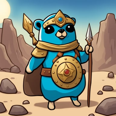 Go Blue Gopher, as the Goddess Athena, dons armor, wields a spear and shield, and stars in a captivating cartoon adventure. The skin of the gopher is blue.