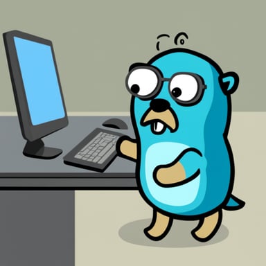 Go Blue Gopher as a programmer in a comic.