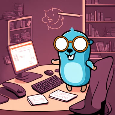 Go Blue Gopher as a programmer in a comic.