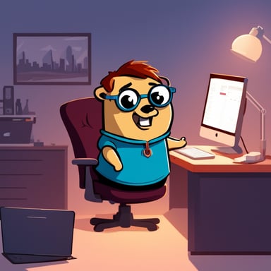 Go Blue Gopher coding at a standing desk with its Irish, red hair.