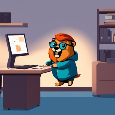 Go Blue Gopher coding at a standing desk with its Irish, red hair.