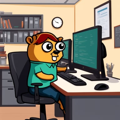 Go Blue Gopher coding at a standing desk with its Irish, red hair.