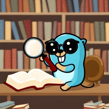 Go Blue Gopher reading a book with a magnifying glass.