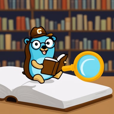 Go Blue Gopher reading a book with a magnifying glass.