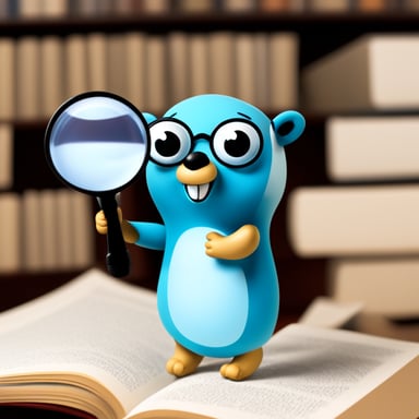 Go Blue Gopher reading a book with a magnifying glass.