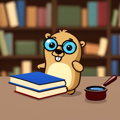 Go Blue Gopher reading a book with a magnifying glass.