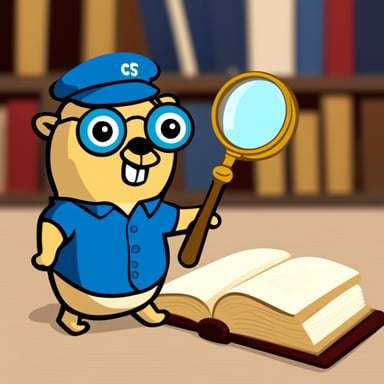 Go Blue Gopher examining a book with a magnifying glass.