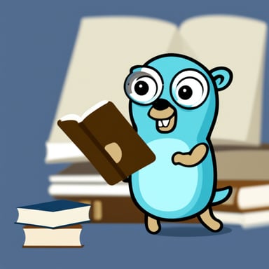 Go Blue Gopher examining a book with a magnifying glass.