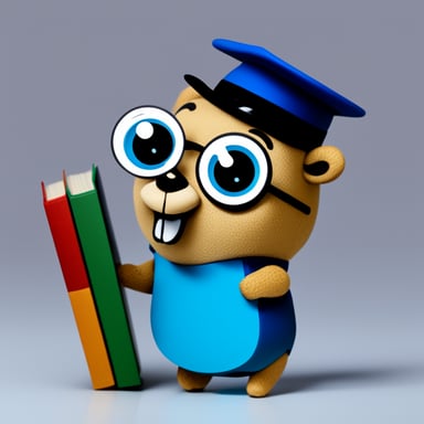 Go Blue Gopher examining a book with a magnifying glass.