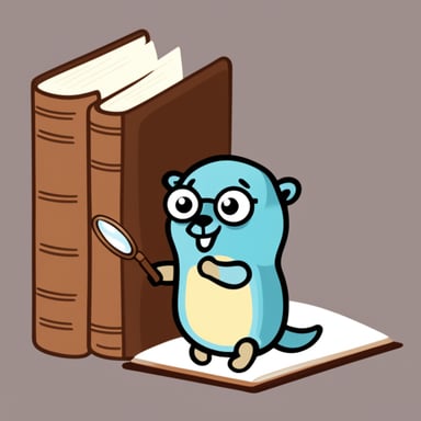 Go Blue Gopher examining a book with a magnifying glass.