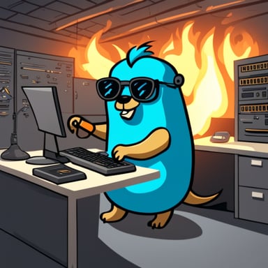 Go blue gopher with long hair and tattoos writing code in a burning server room.
