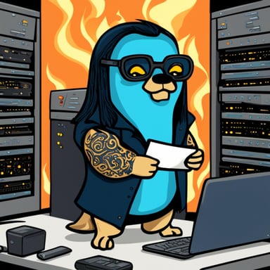 Go blue gopher with long hair and tattoos writing code in a burning server room.