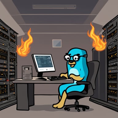 Go blue gopher with long hair and tattoos writing code in a burning server room.