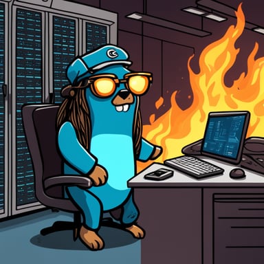 Go blue gopher with long hair and tattoos writing code in a burning server room.