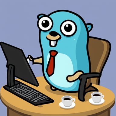 Go Blue Gopher angrily drinks coffee and frantically types on a computer.