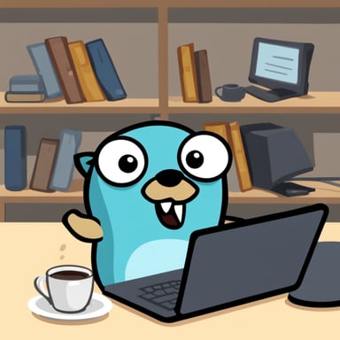 Go Blue Gopher angrily drinks coffee and frantically types on a computer.