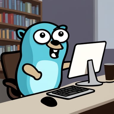 Go Blue Gopher angrily drinks coffee and frantically types on a computer.