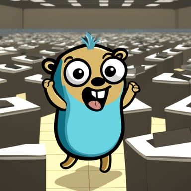 Go Blue Gopher in a high-performance computing center IPM, waving hands for saying goodbye.