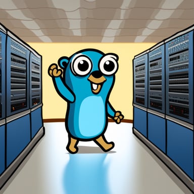 Go Blue Gopher in a high-performance computing center IPM, waving hands for saying goodbye.