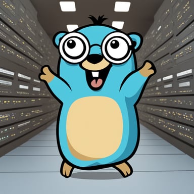 Go Blue Gopher in a high-performance computing center IPM, waving hands for saying goodbye.