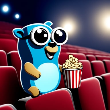 Go Blue Gopher with magnifier glass and in a cinema with popcorn.