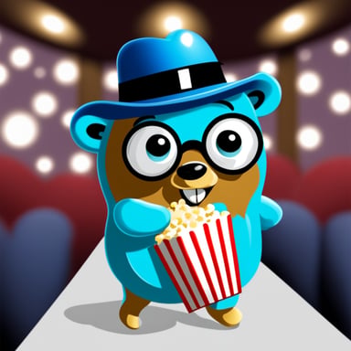 Go Blue Gopher with magnifier glass and in a cinema with popcorn.