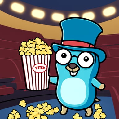 Go Blue Gopher with magnifier glass and in a cinema with popcorn.