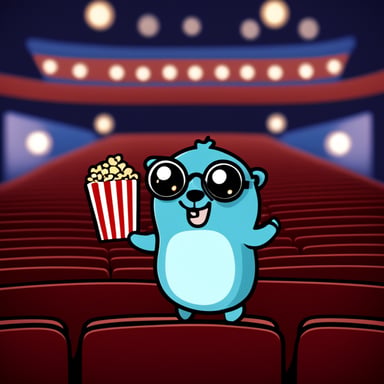 Go Blue Gopher with magnifier glass and in a cinema with popcorn.