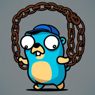 Muscular Go Blue Gopher breaking chains with a determined look.