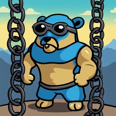 Muscular Go Blue Gopher breaking chains with a determined look.