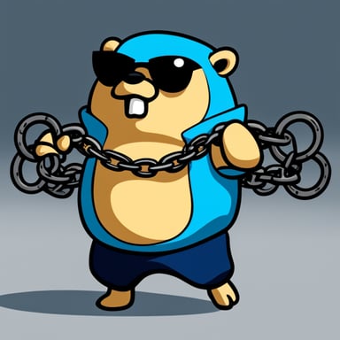 Muscular Go Blue Gopher breaking chains with a determined look.