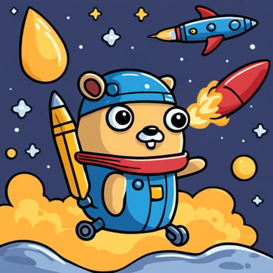 Go Blue Gopher riding a rocket, launching into space.