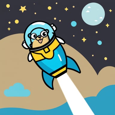 Go Blue Gopher riding a rocket, launching into space.