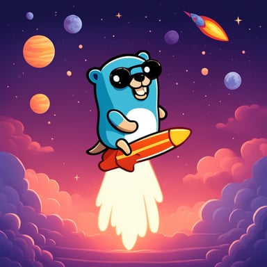 Go Blue Gopher riding a rocket, launching into space.