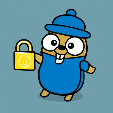 Go Blue Gopher holds an unlocked padlock with a key, smiling.