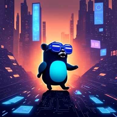 A go blue gopher exploring a digital world, reminiscent of a cyberpunk cityscape.