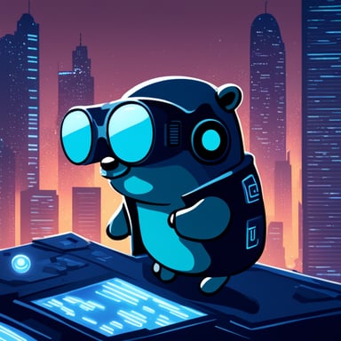 A go blue gopher exploring a digital world, reminiscent of a cyberpunk cityscape.