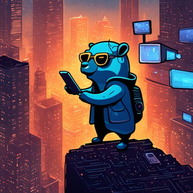A go blue gopher exploring a digital world, reminiscent of a cyberpunk cityscape.