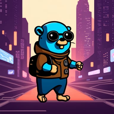 A go blue gopher exploring a digital world, reminiscent of a cyberpunk cityscape.