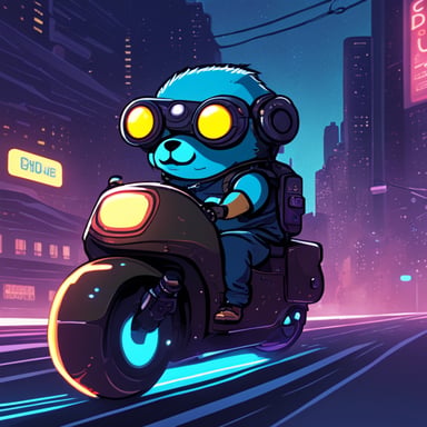 A go blue gopher in a cyberpunk city, riding a neon-lit hoverbike.