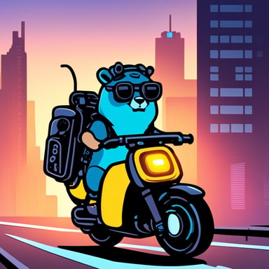A go blue gopher in a cyberpunk city, riding a neon-lit hoverbike.