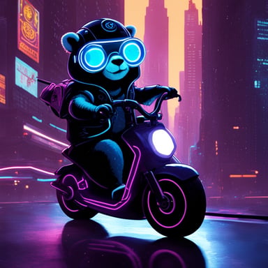 A go blue gopher in a cyberpunk city, riding a neon-lit hoverbike.