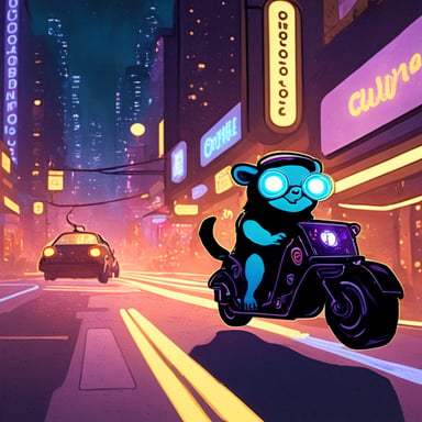 A go blue gopher in a cyberpunk city, riding a neon-lit hoverbike.