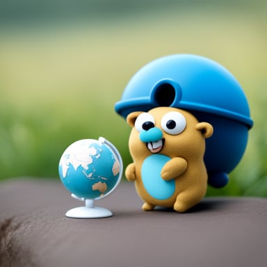 A go blue gopher with a small globe, dreaming of worldwide adventures.