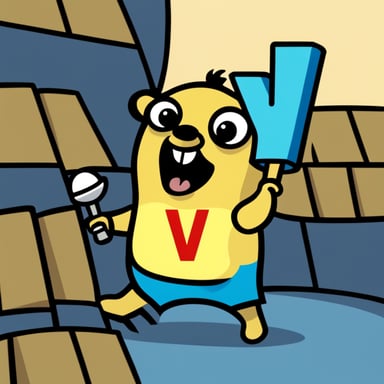 A go blue gopher dressed in a yellow t-shirt with the letter V, holding a megaphone.
