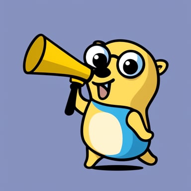 A go blue gopher dressed in a yellow t-shirt with the letter V, holding a megaphone.