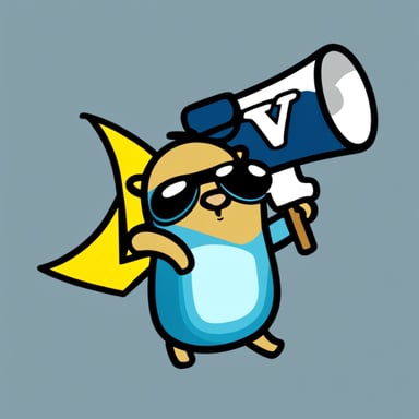 A go blue gopher dressed in a yellow t-shirt with the letter V, holding a megaphone.