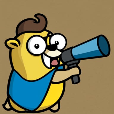 A go blue gopher dressed in a yellow t-shirt with the letter V, holding a megaphone.
